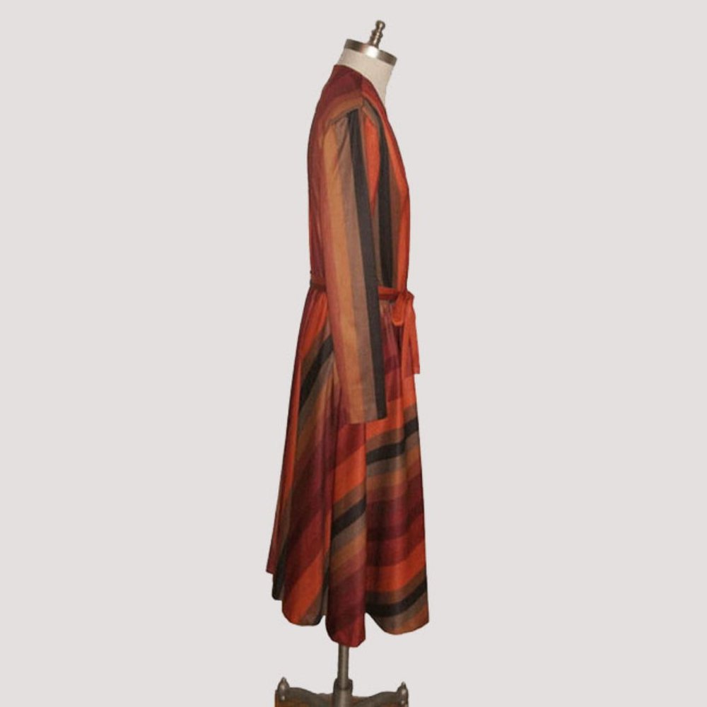 Vtg 70s Earth Tone Striped Surplice Belted Dress M - Picture 3 of 5